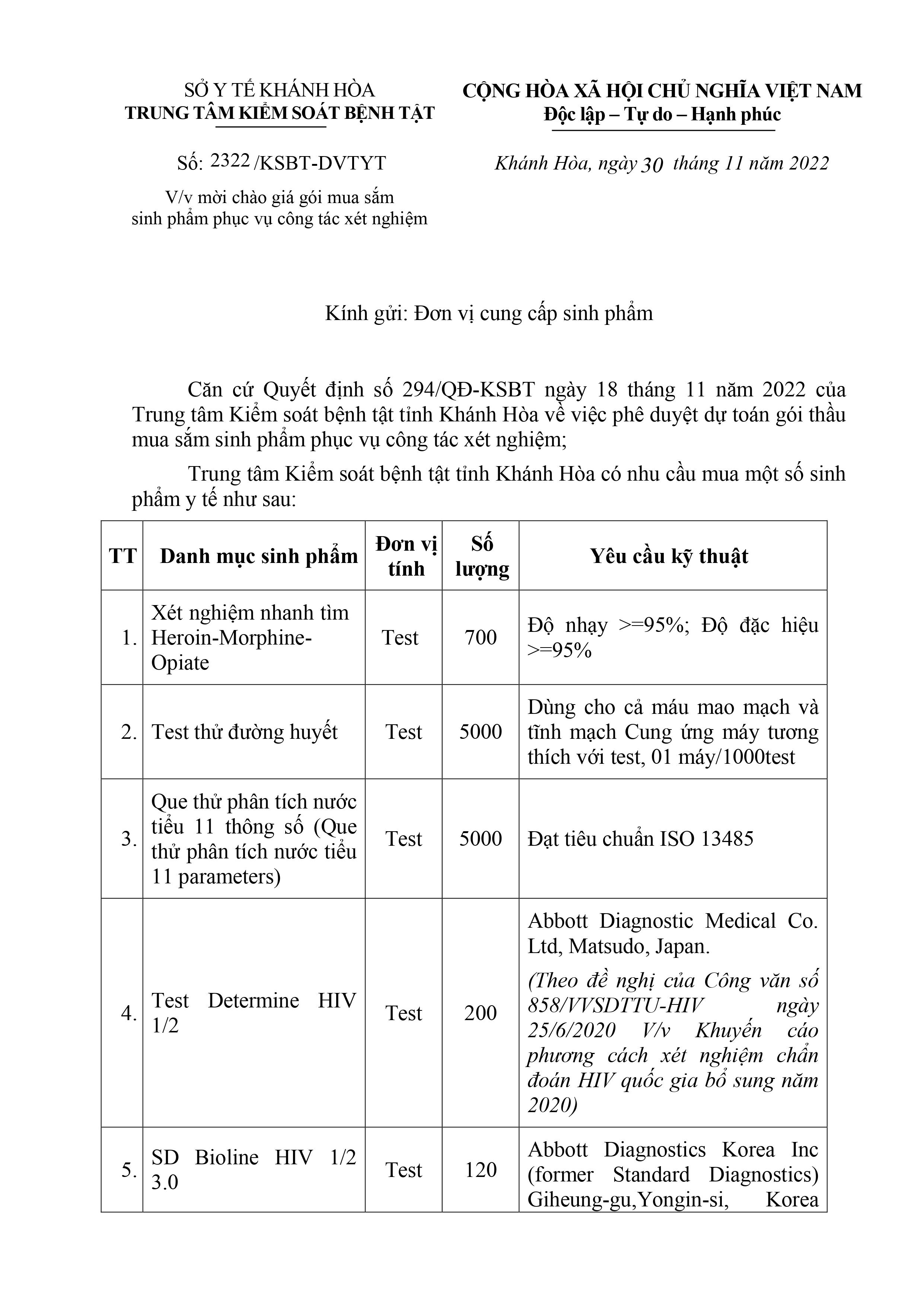 Mời chào giá gói mua sắm  sinh phẩm phục vụ công tác xét nghiệm